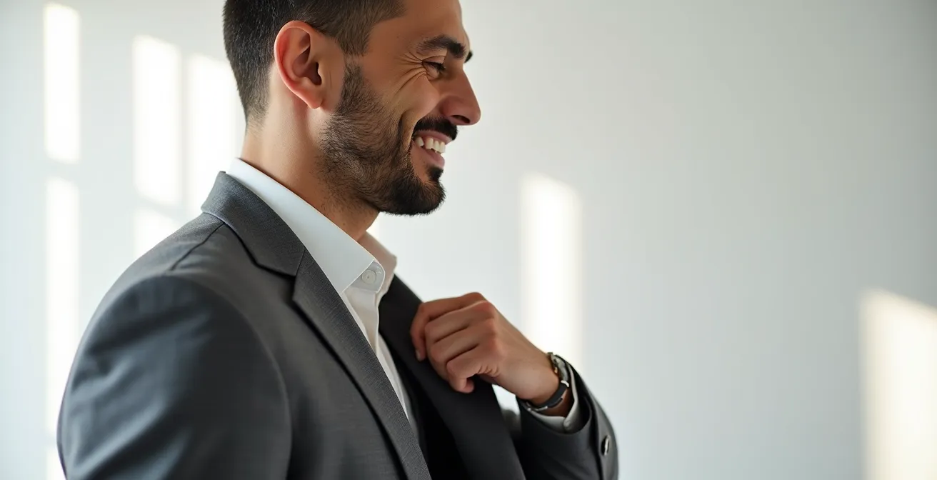 Vista lateral de hombrera de traje perfectamente ajustada mostrando la línea natural del hombro