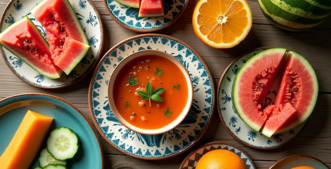 Mesa con gazpacho, sandía, naranjas valencianas y melón dispuestos artísticamente