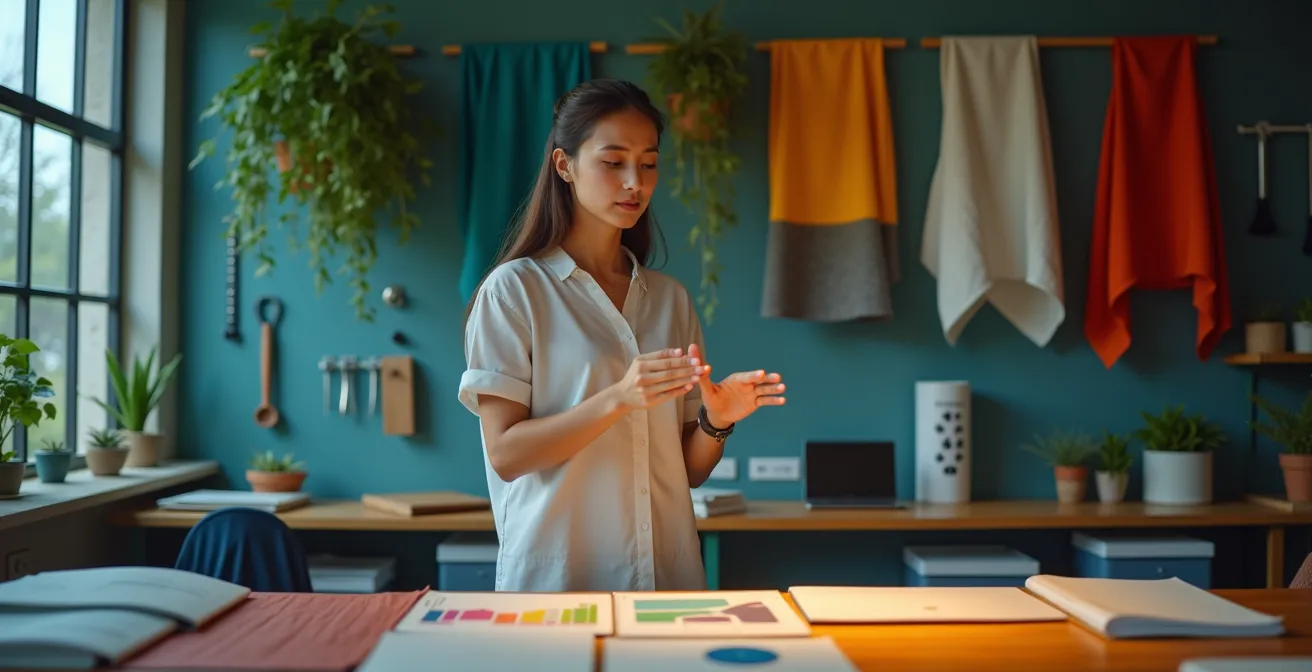 Espacio de trabajo futurista con análisis de datos de sostenibilidad en moda