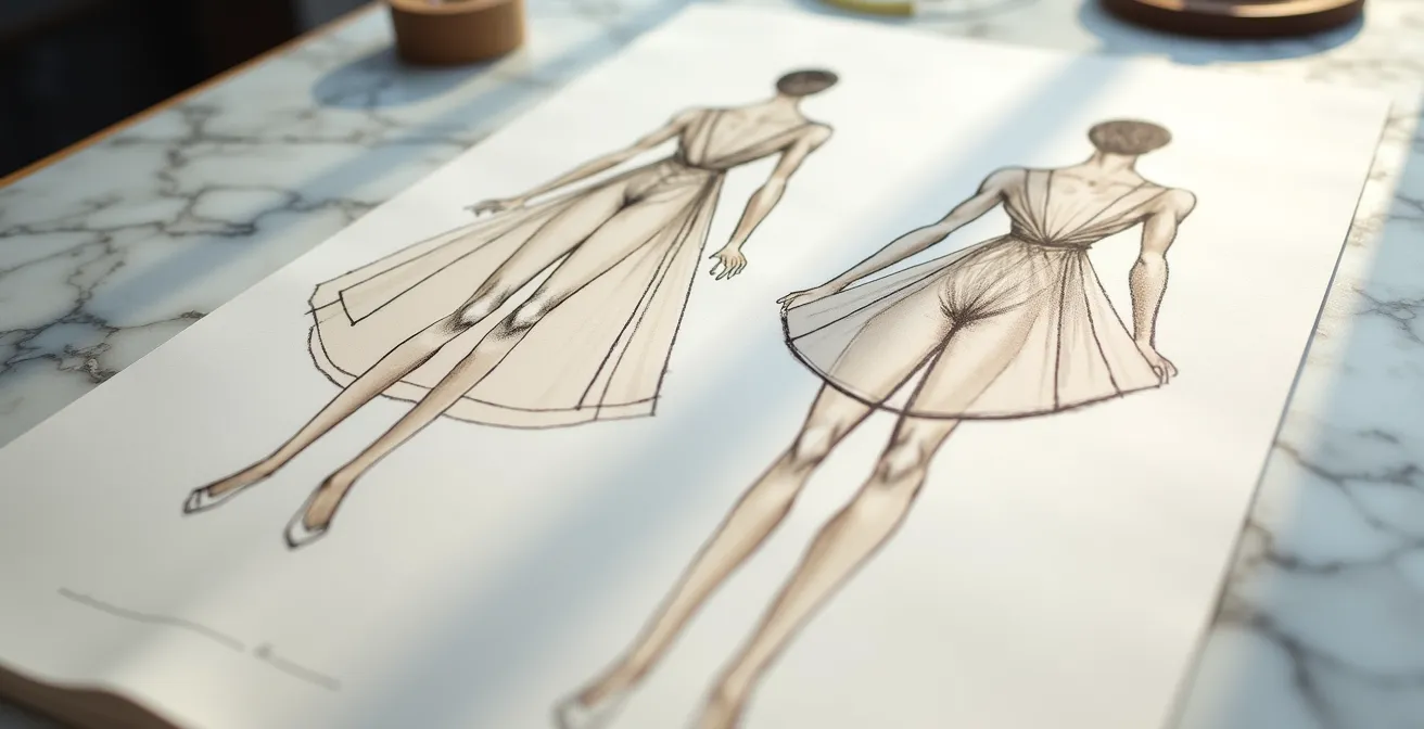 Comparación visual de tres bocetos de faldas mostrando diferentes volúmenes geométricos