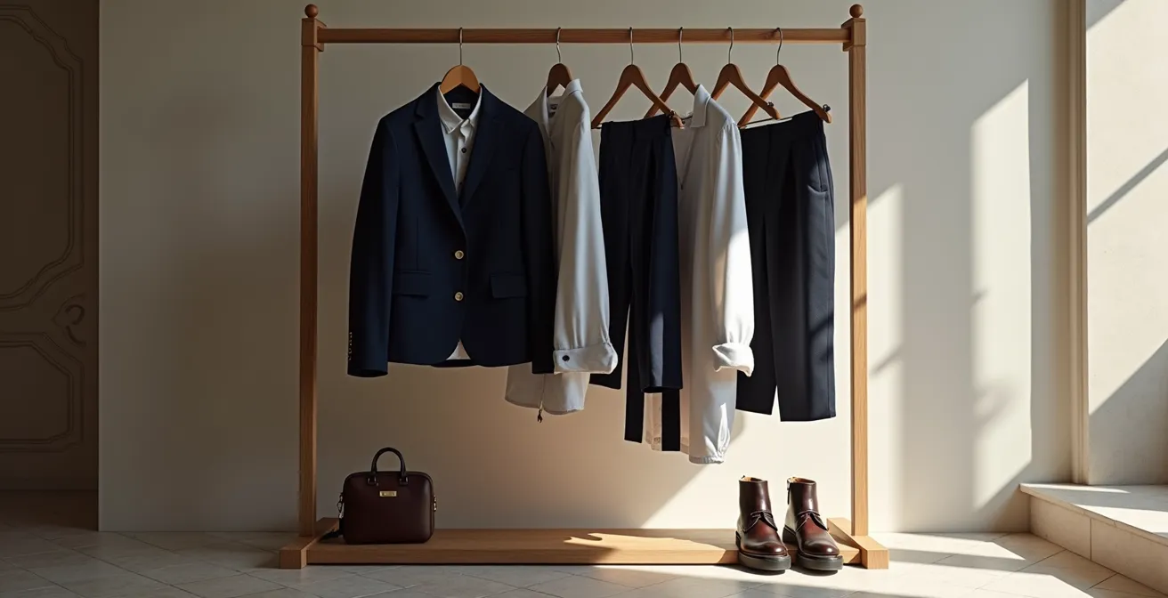 Armario cápsula profesional con blazers y básicos de calidad organizados por colores