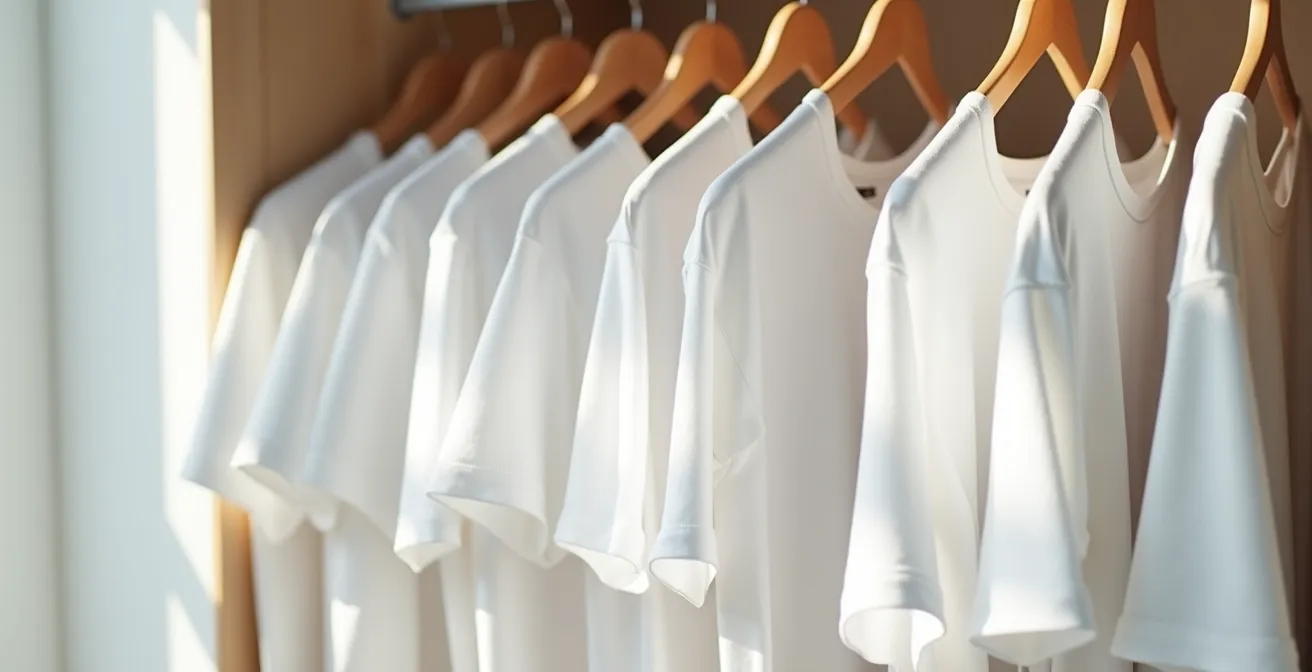 Vista minimalista de un armario con camisetas blancas perfectamente organizadas