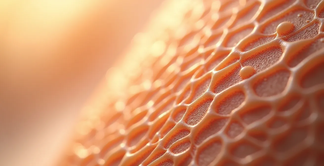 Vista microscópica abstracta de la textura de piel deshidratada que ilustra una barrera cutánea dañada.