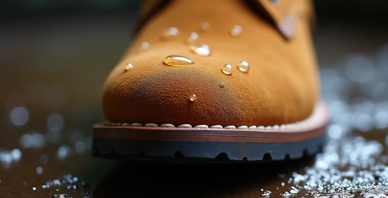 Aplicación de spray impermeabilizante en botas de ante marrón