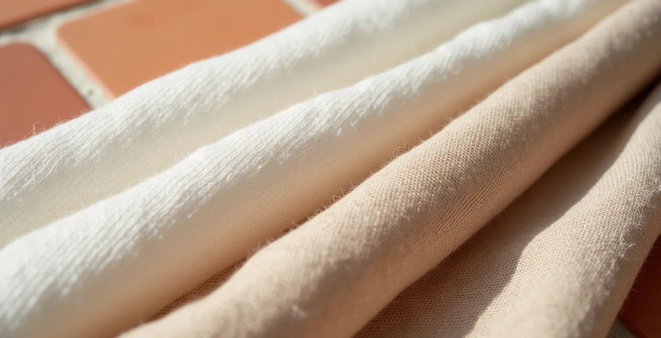 Conjunto de prendas ligeras superpuestas con tejidos naturales en tonos neutros