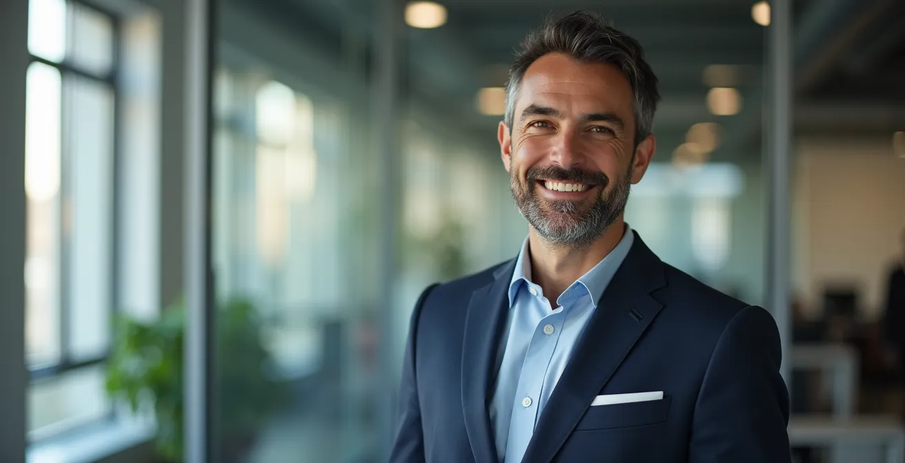 Look masculino profesional con toques de color pastel en ambiente de oficina moderna española