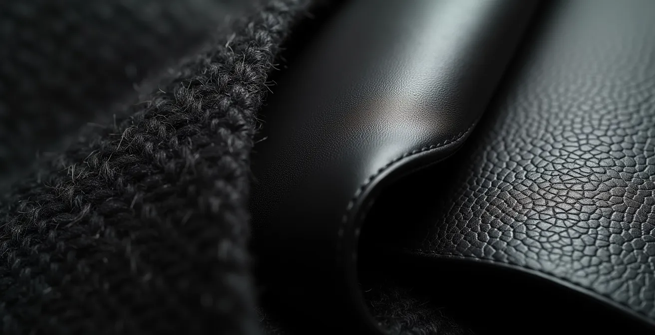 Detalle macro de texturas de lana, seda y cuero negro combinadas armoniosamente