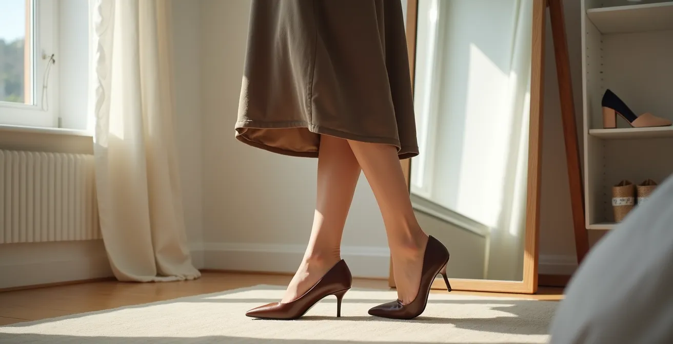 Vista lateral de mujer con falda midi probando diferentes tipos de calzado