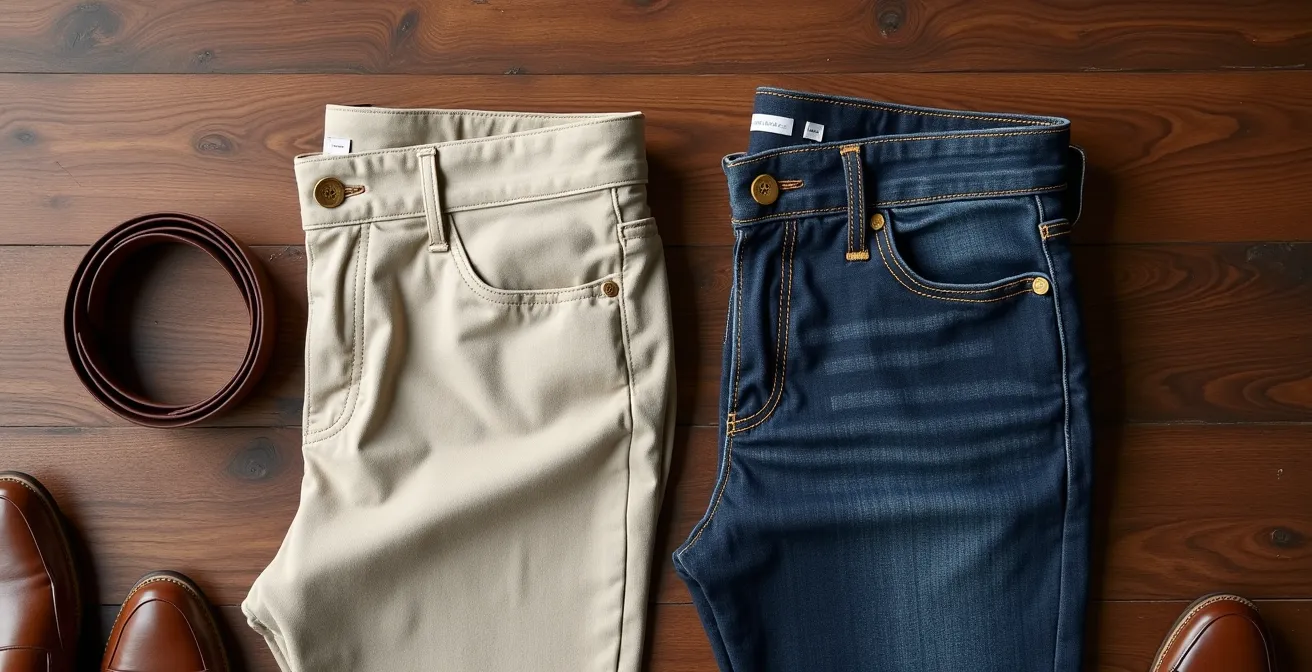 Vista cenital de unos chinos beige y unos vaqueros índigo oscuro dispuestos sobre una superficie de madera, mostrando la diferencia de textura y formalidad.