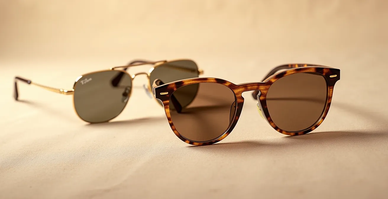 Bodegón minimalista de gafas de sol clásicas junto a modelos de temporada