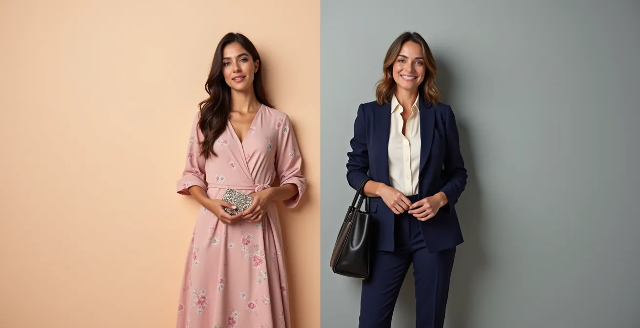 Dos mujeres españolas mostrando atuendos diferentes, una con vestido midi pastel para bautizo y otra con traje sastre para comida empresarial