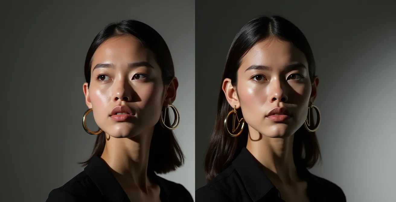 Comparación visual de pendientes largos geométricos versus pendientes redondos en rostro circular