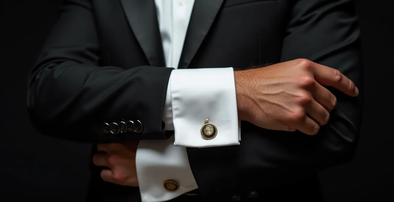 Primer plano de muñeca masculina con gemelos de nácar sin reloj, manga de camisa blanca con puño doble