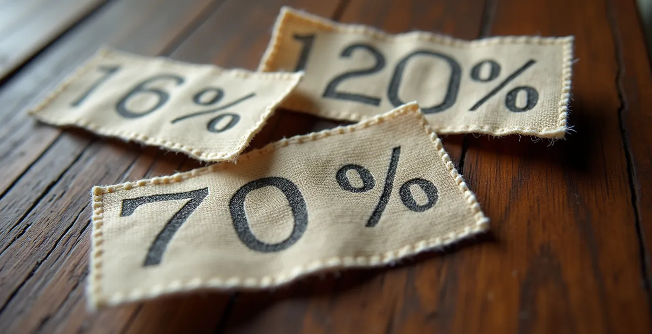 Detalle macro de etiqueta de composición textil mostrando fibras y porcentajes