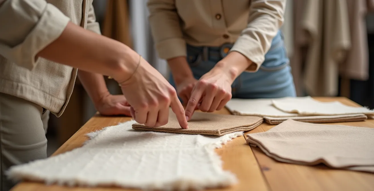 Stand de feria textil sostenible con muestras de tejidos orgánicos y reunión de negocios