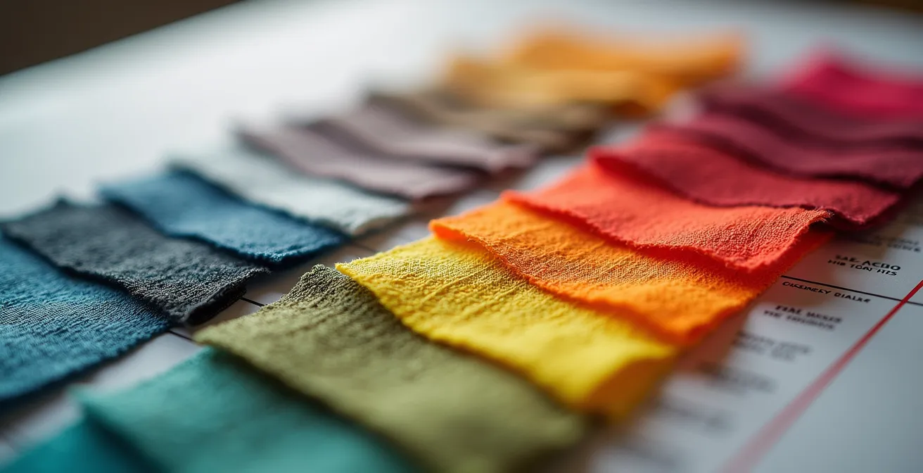 Mesa de trabajo con análisis de riesgo de tendencias, gráficos de predicción y muestras de producto