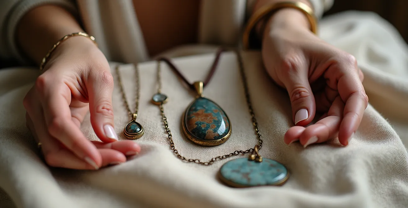 Detalle de joyería bohemia equilibrada con punto focal y acentos sutiles