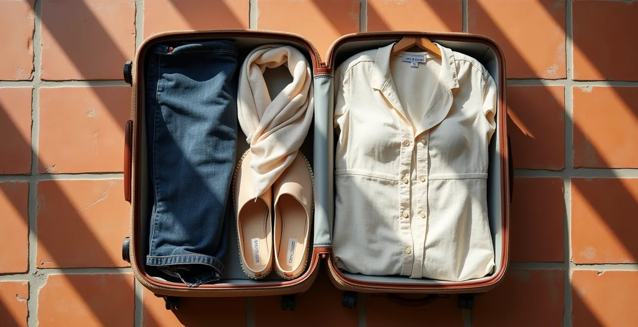 Vista cenital de maleta abierta con prendas neutras organizadas estratégicamente