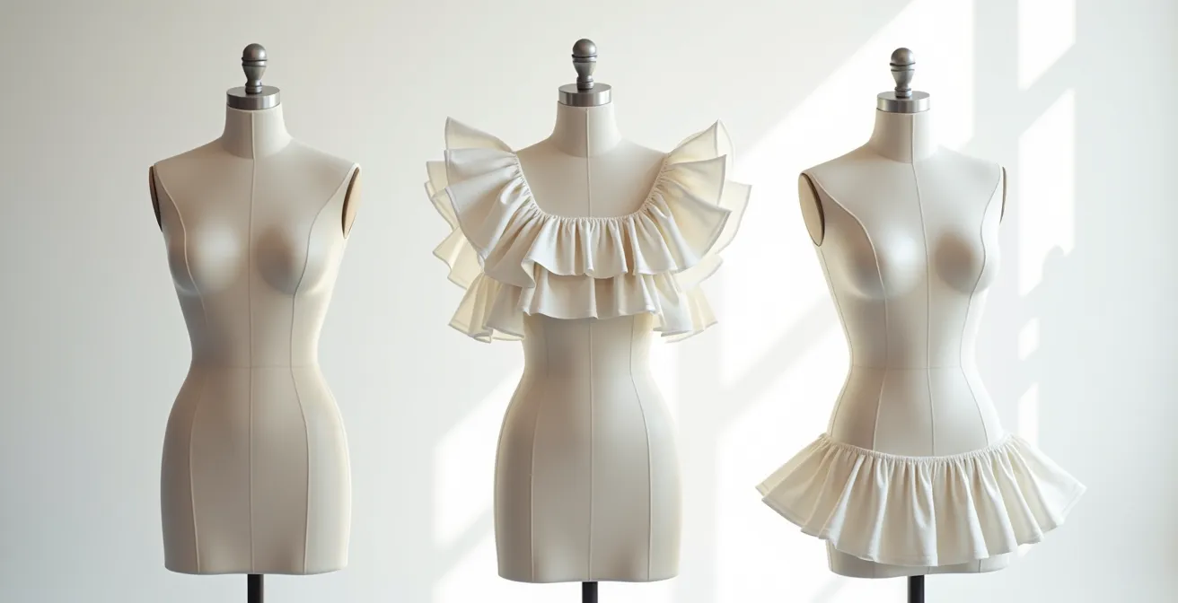 Silueta femenina con diferentes tipos de volantes estratégicamente colocados mostrando efectos visuales