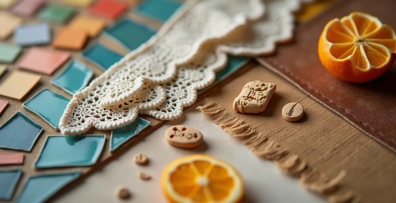 Moodboard táctil con texturas y colores de la arquitectura española para inspiración creativa