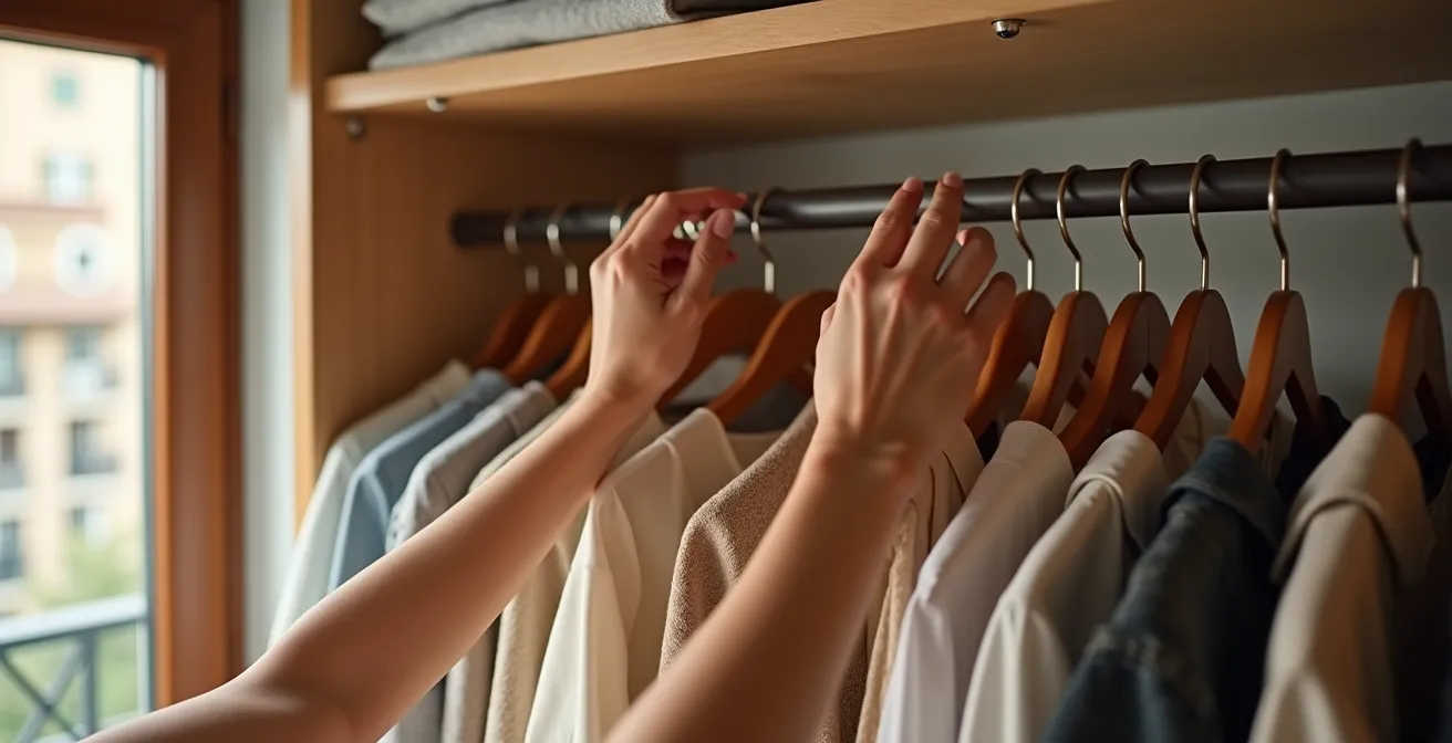 Sistema de organización de armario para cambio de temporada con perchas etiquetadas