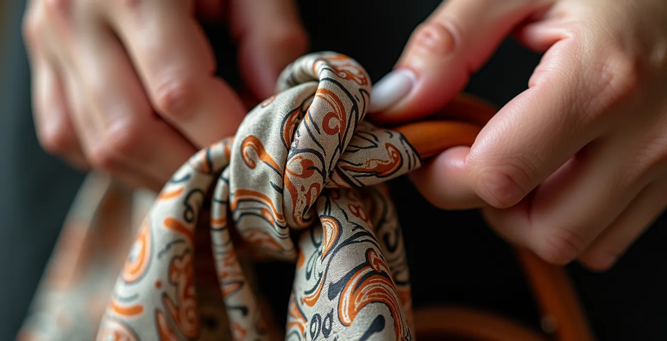 Detalle de manos femeninas anudando un pañuelo de seda en el asa de un bolso de cuero