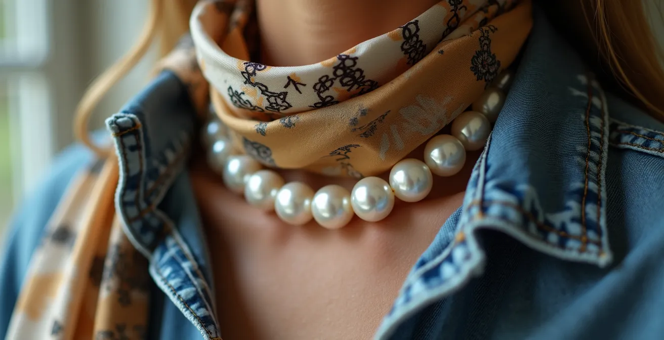 Detalle de outfit con vaqueros rectos, perlas barrocas y pañuelo de seda anudado creativamente