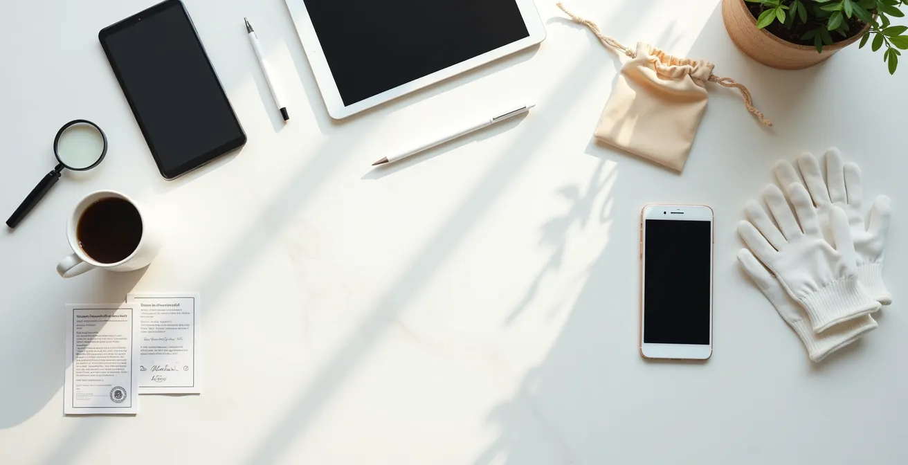 Vista cenital de mesa con dispositivos mostrando plataformas de reventa de lujo