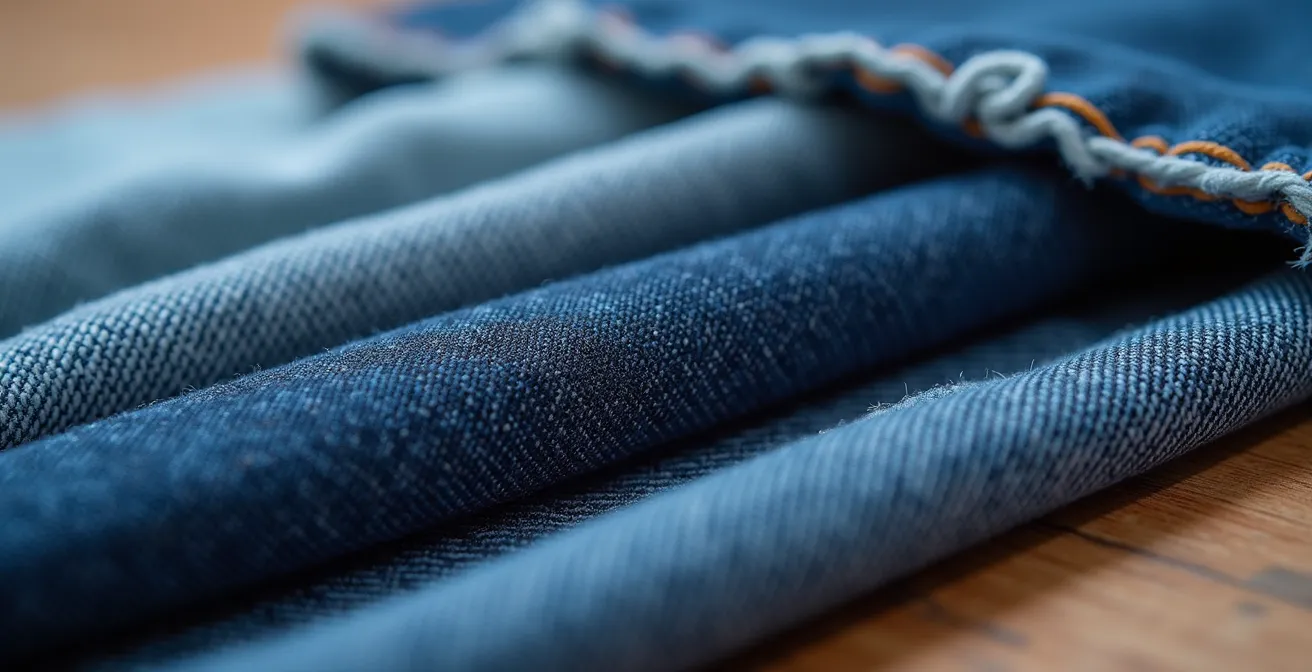 Detalle macro de etiquetas de composición textil en vaqueros que muestran diferentes mezclas de tejido.
