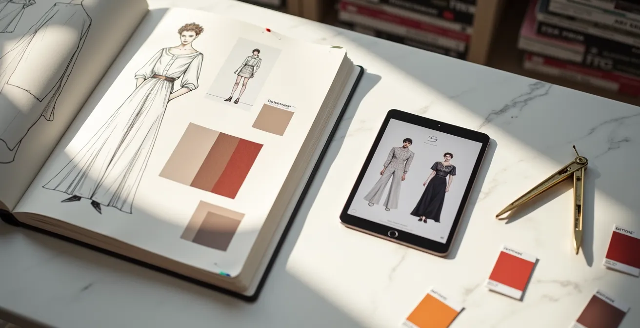 Mesa de trabajo con portfolio físico y digital mostrando colección de moda española