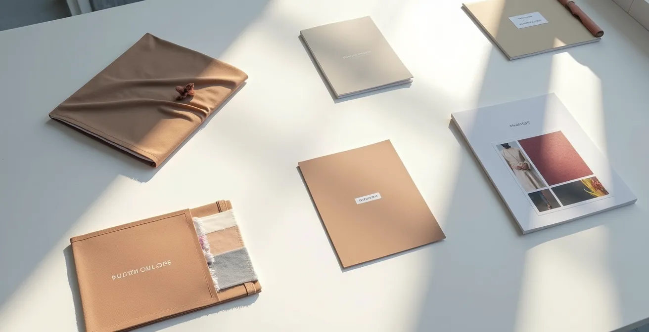 Mesa de trabajo con moodboard, fichas técnicas y muestras de tejido organizadas profesionalmente