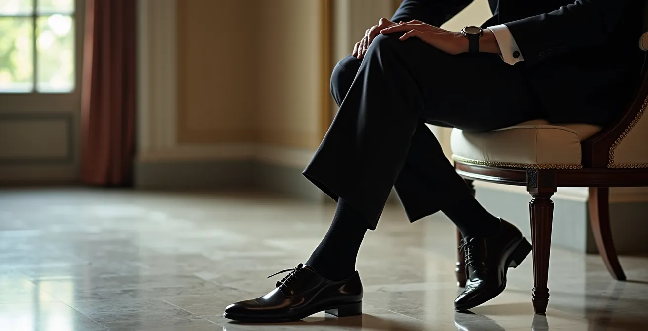 Vista lateral de piernas cruzadas con calcetines negros largos y zapatos de charol, sin mostrar piel