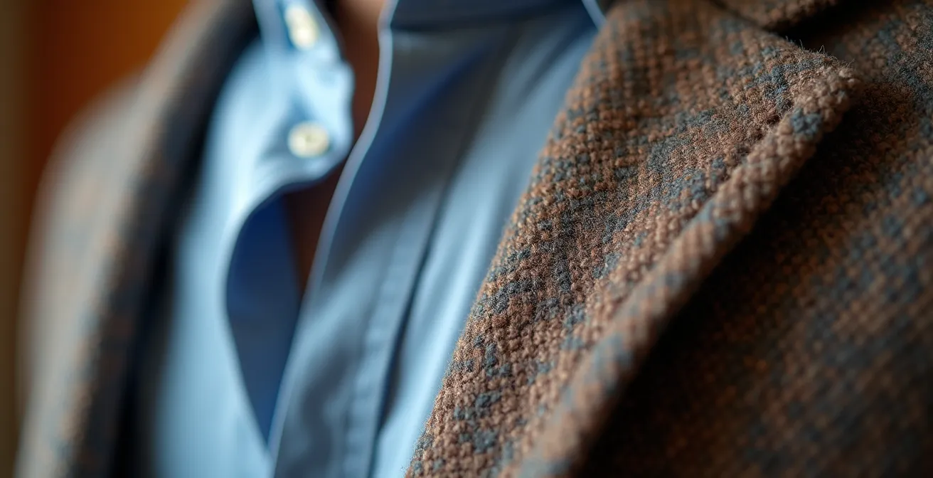 Detalle de las texturas de un atuendo smart casual, como el cuello de una camisa y la tela de un blazer, para una entrevista en una startup de moda.