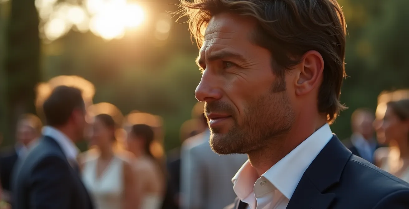 Invitados con chaquetas puestas en boda de jardín español bajo el sol