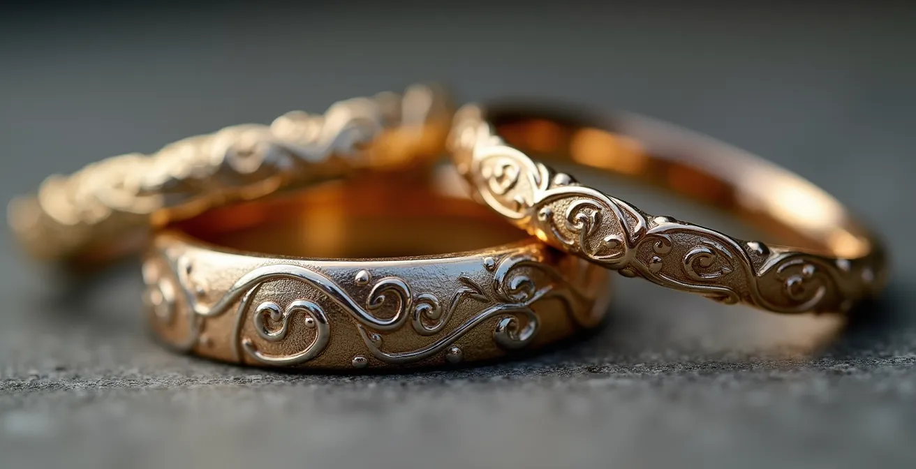 Detalle macro de joyería mostrando diferencias de calidad en metales preciosos