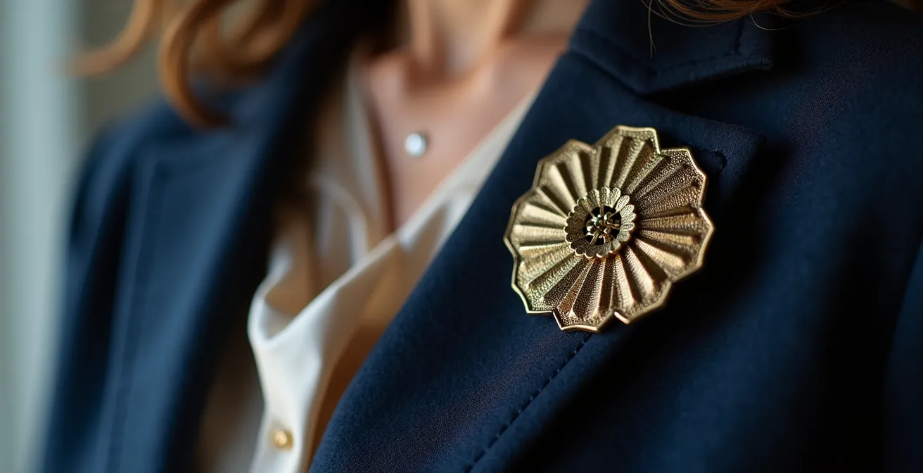 Detalle de blazer con broche ornamental en la solapa, creando punto focal en el tercio superior