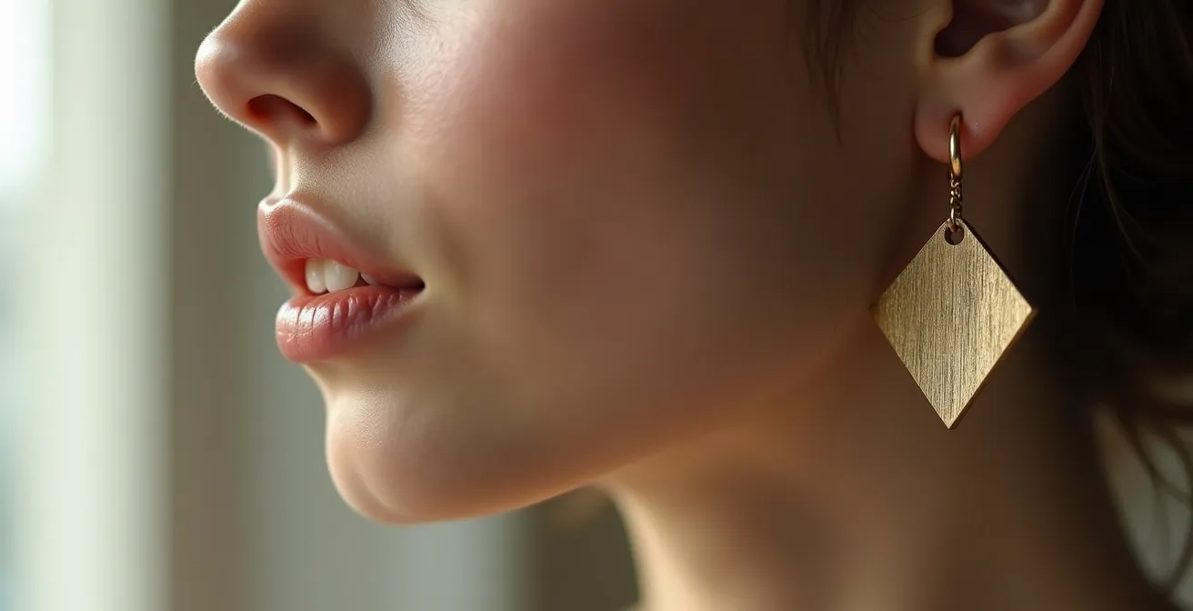 División visual del rostro en tercios con pendientes largos creando equilibrio