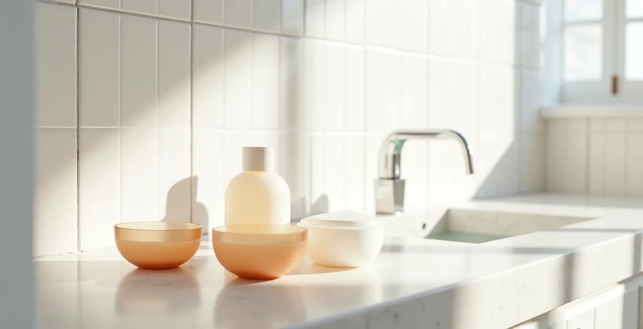 Mesa de baño minimalista con tres productos de cuidado facial que representan una rutina simple.