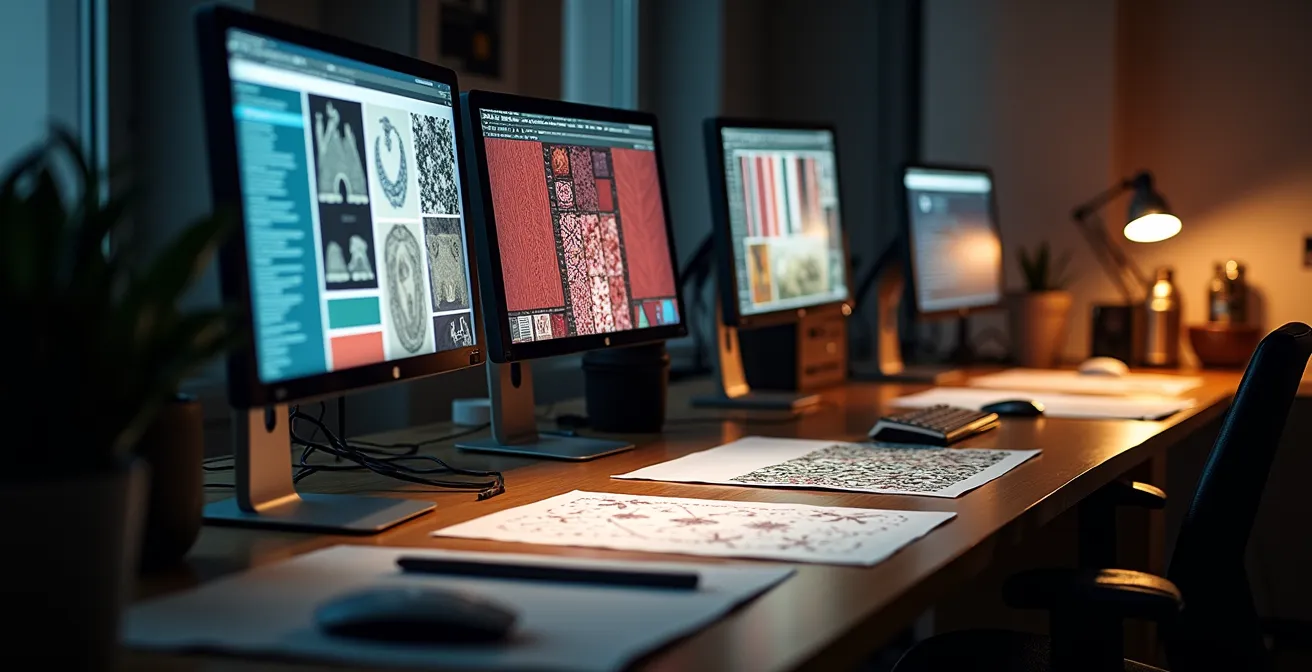 Pantalla de ordenador mostrando software de patronaje digital con patrones técnicos en vista lateral