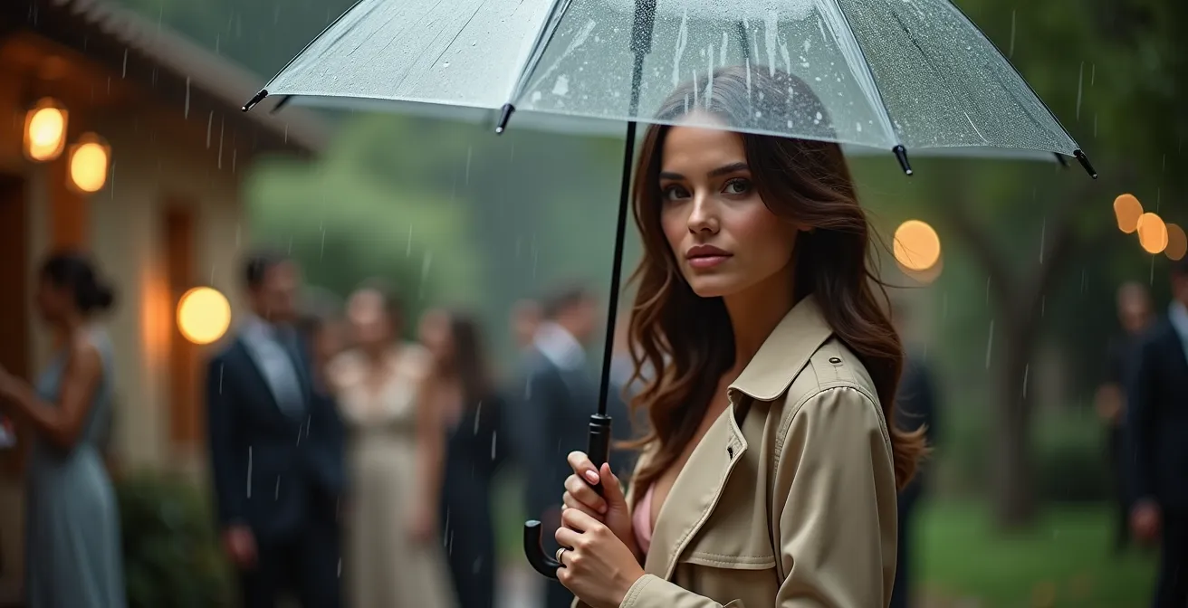 Mujer elegante con gabardina beige sosteniendo un paraguas transparente en jardín español lluvioso durante evento formal