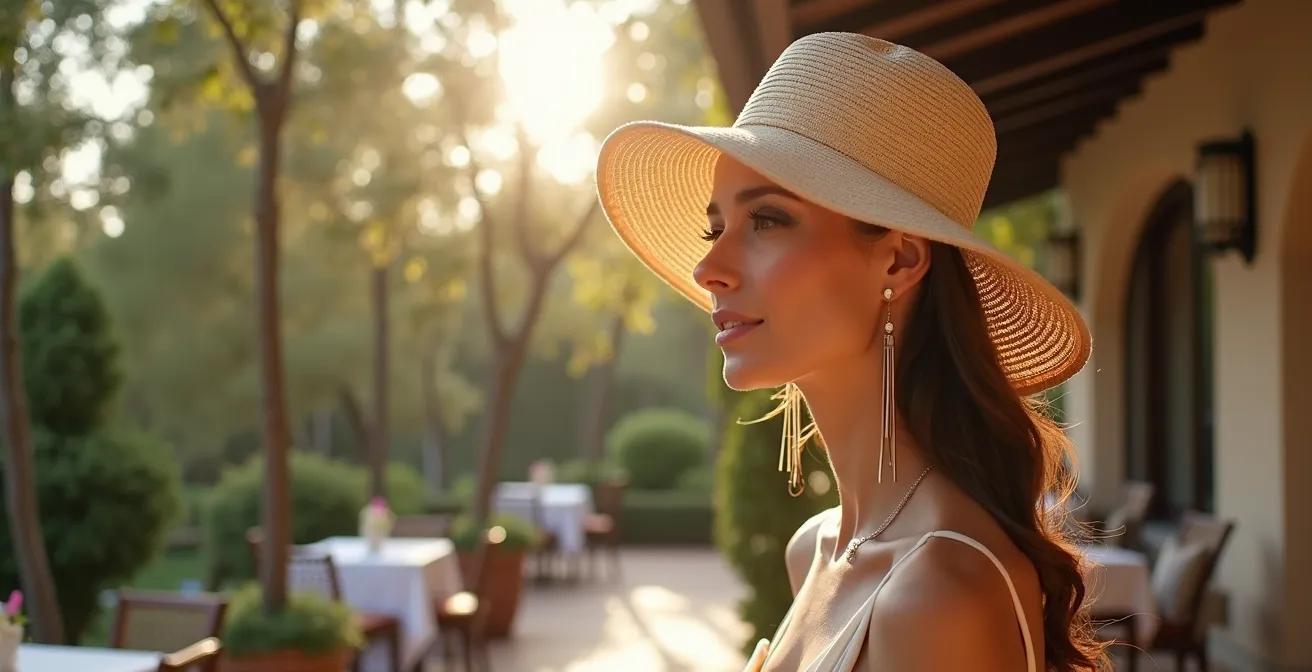 Mujer con pamela y pendientes largos en evento español elegante