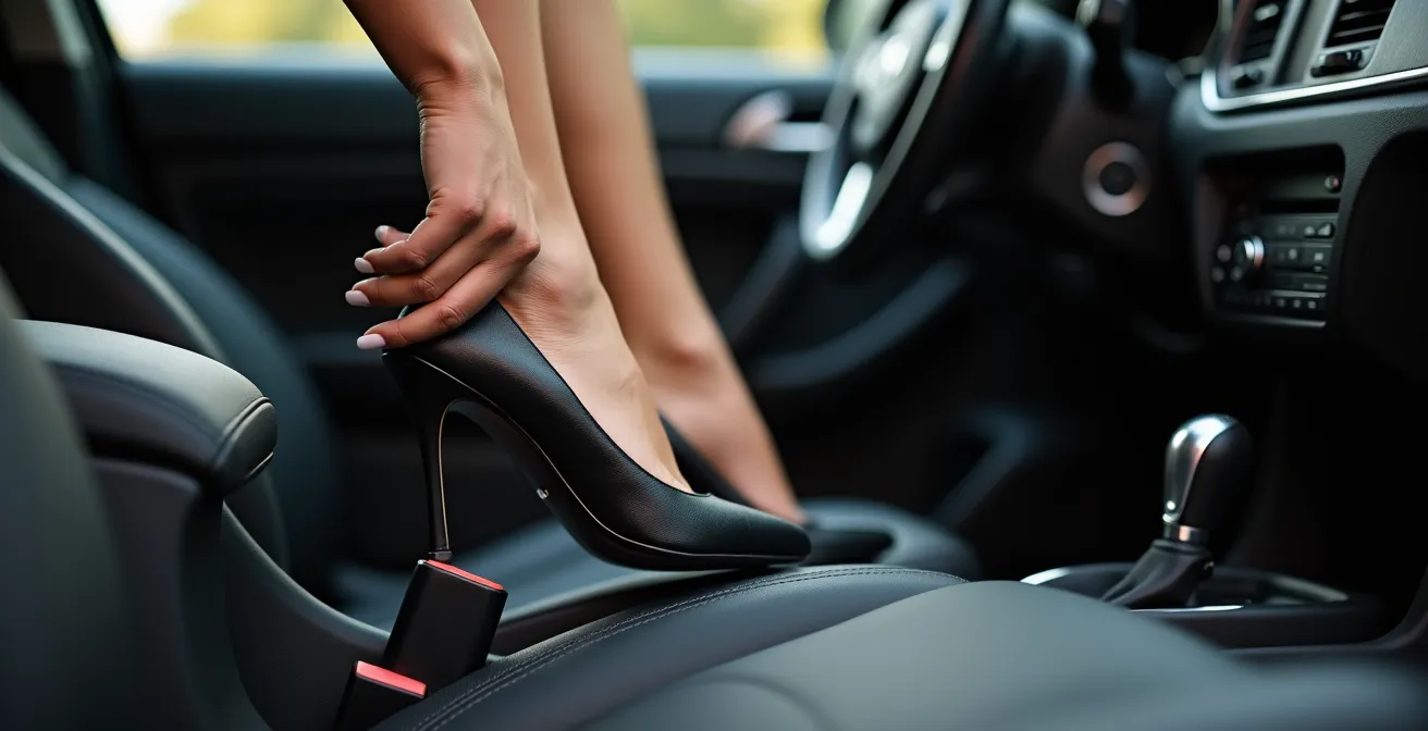 Zapatos planos junto a tacones altos en interior de coche español