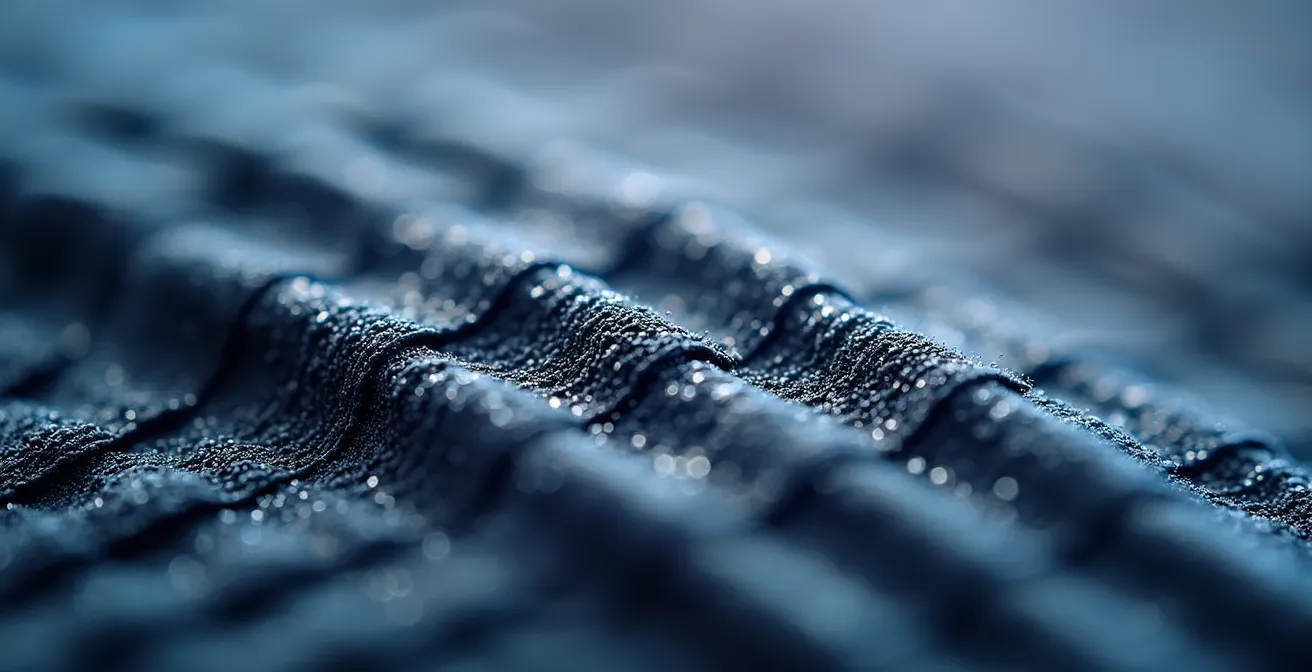 Detalle macro de fibras técnicas deportivas mostrando estructura y textura del material