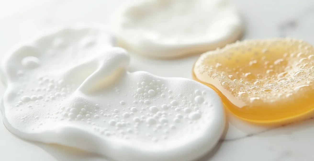 Tres texturas de limpiadores faciales sobre superficie de mármol blanco