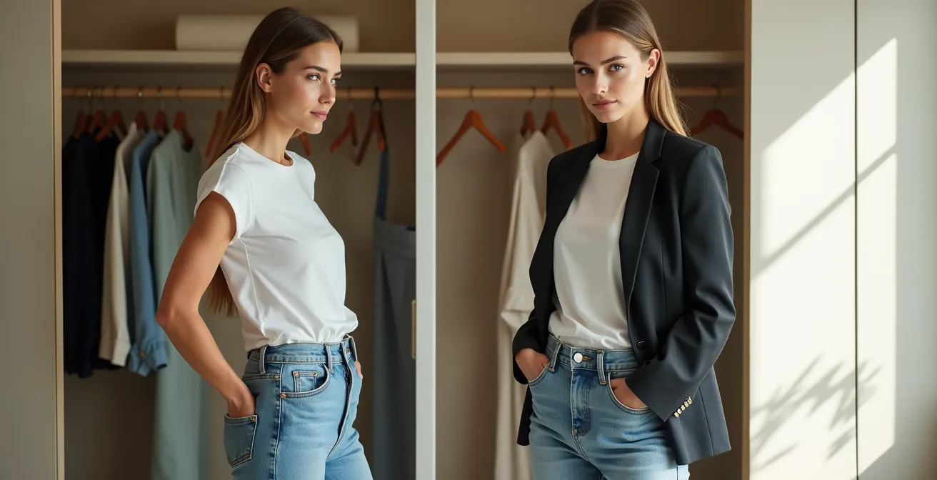 Mujer añadiendo blazer sobre conjunto básico de vaqueros y camiseta blanca