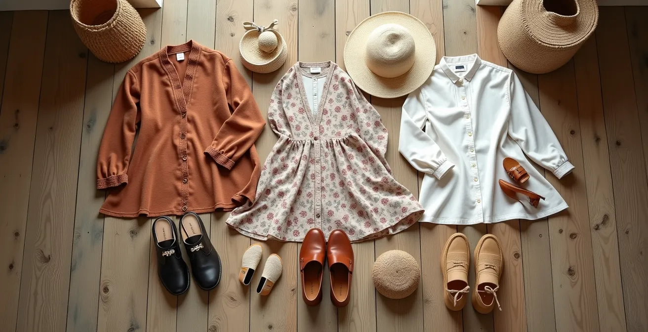 Tres conjuntos de ropa dispuestos artísticamente representando estilos para diferentes destinos españoles